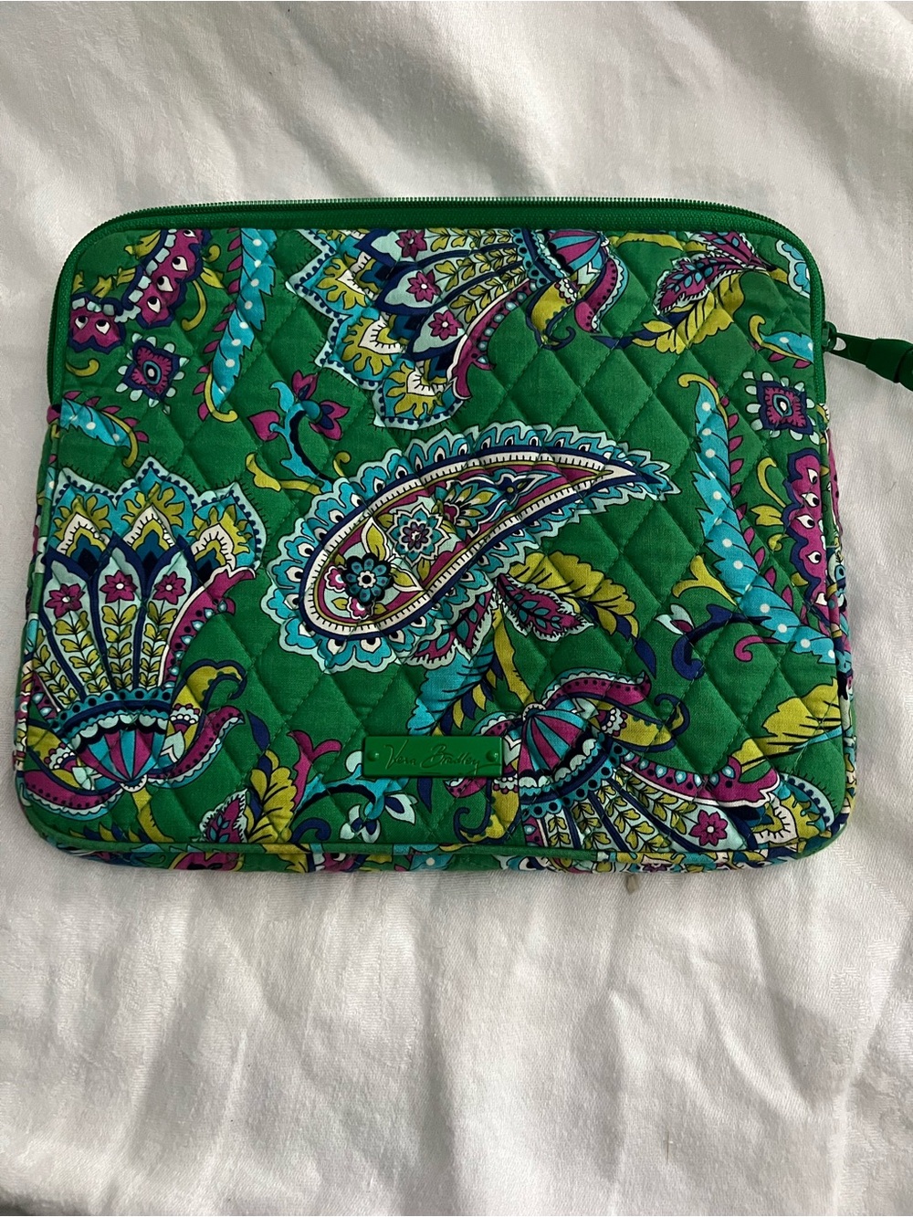 Vera Bradley Green Quilted Paisley Laptop Sleeve with Teal & Pink Accents